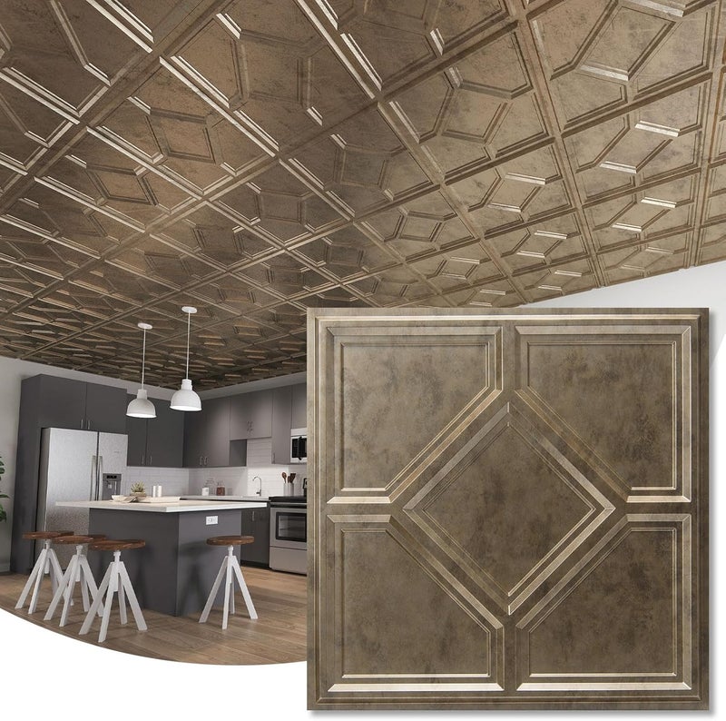 WOWSTAR 12-Pack 24"x24" Drop Ceiling Tiles, Waterproof Glue up Ceiling Panels, Cover 48 Sq. Ft, Antique Gold - Image 1